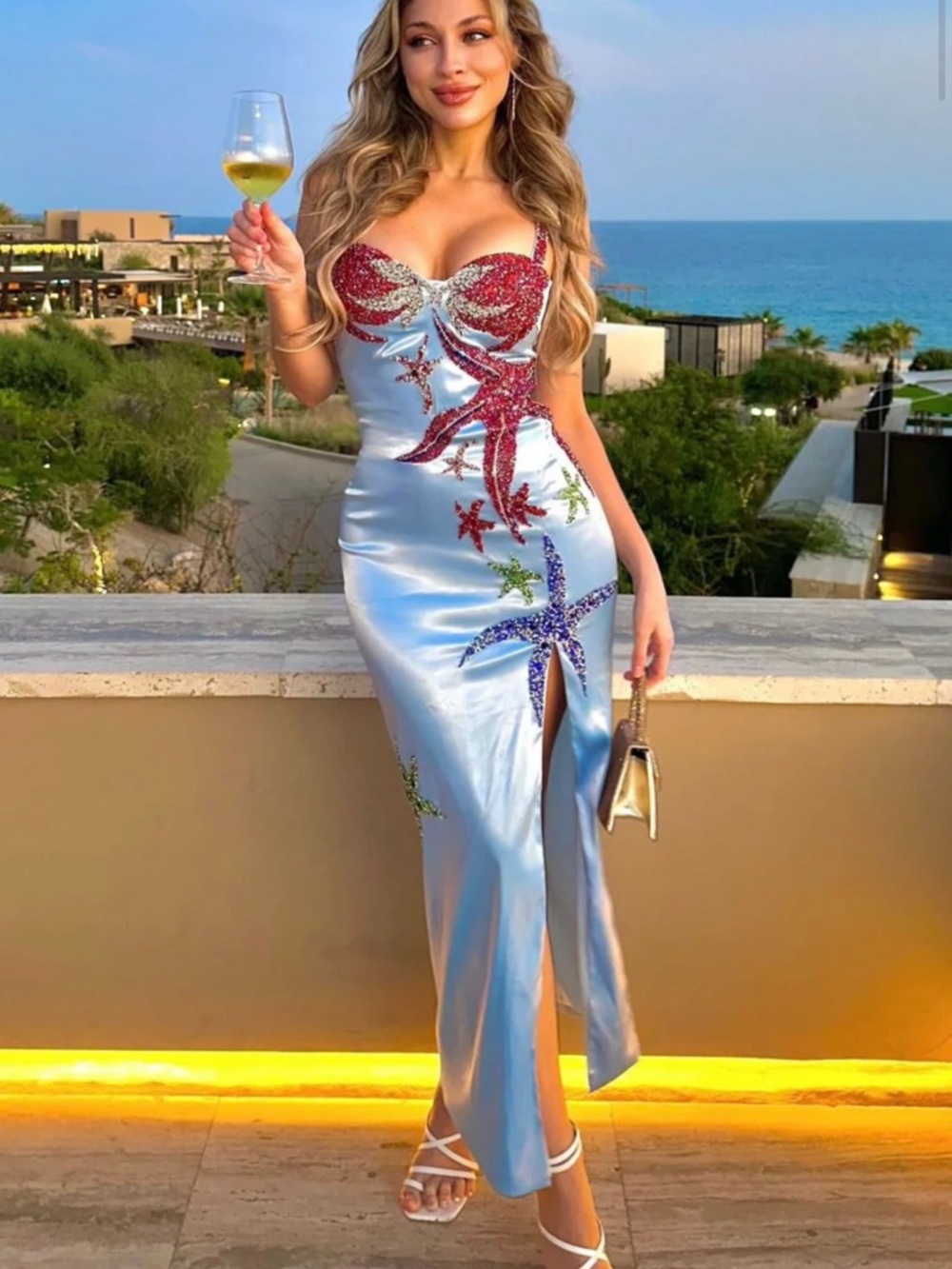 Sequin Starfish Embellished Light Blue Prom Dress